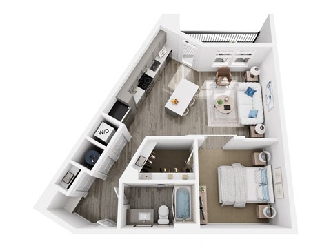 A top down view of a small apartment with a kitchen, living room, and bathroom.